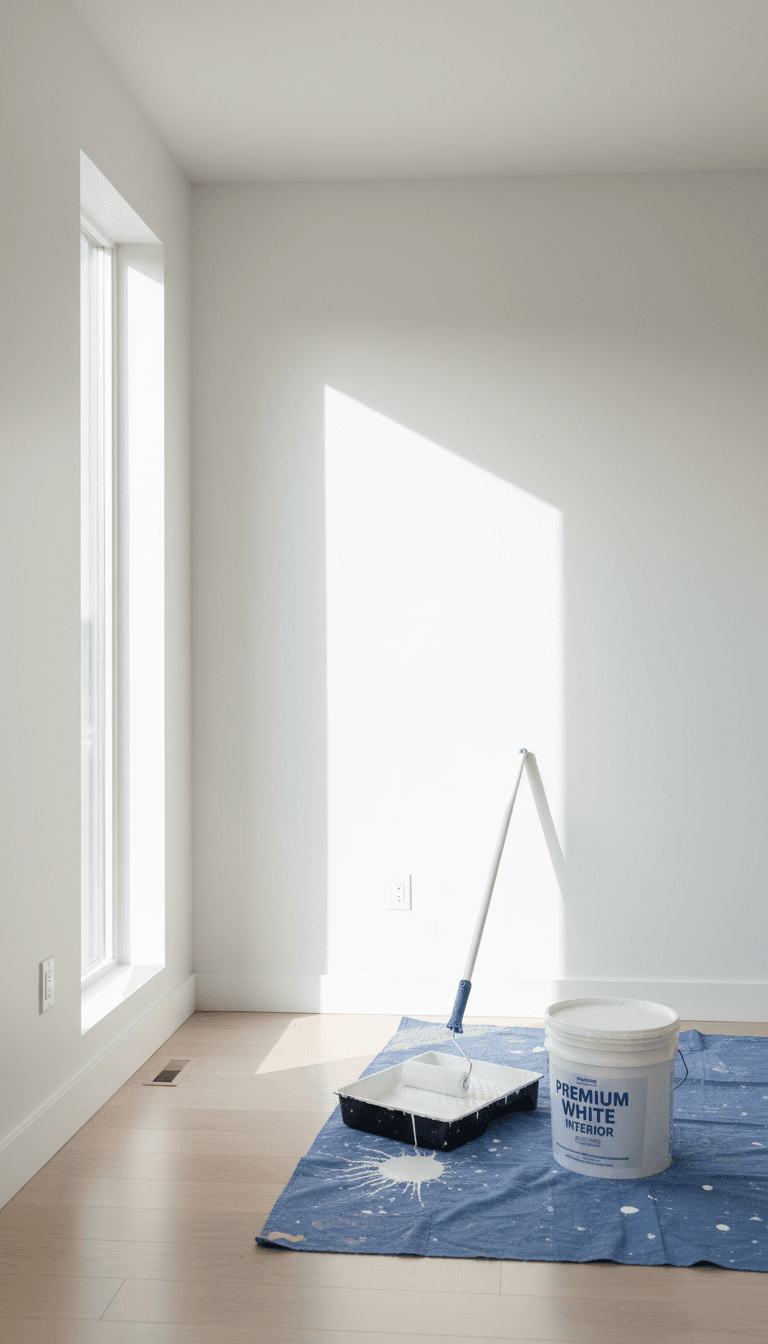 Divisão com pintura interior recente, paredes brancas e luz natural